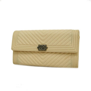 CHANEL Long Wallet Boy V Stitch Caviar Skin Beige Silver Hardware Women's