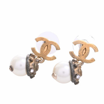 CHANEL Pearl Rhinestone Coco Mark Earrings Gold Women's