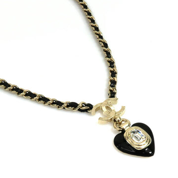 Chanel necklace here mark heart motif leather/gold/rhinestone black x gold ladies