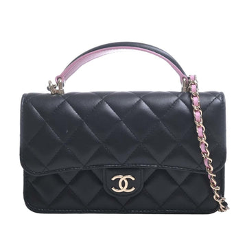 CHANEL Lambskin Matelasse Coco Mark Flap Phone Case Chain Shoulder Bag Black Pink Ladies