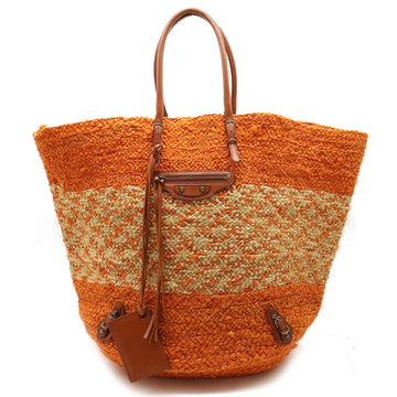 BALENCIAGA raffia straw bag tote leather orange brown tea natural 286379