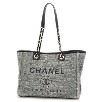 CHANEL Deauville MM Medium Chain Tote Bag Canvas Gray Black A67001