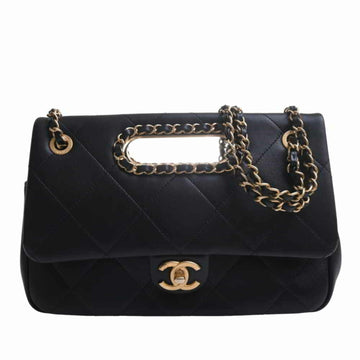 CHANEL Lambskin Matelasse Coco Mark W Flap Chain Shoulder Bag - Black