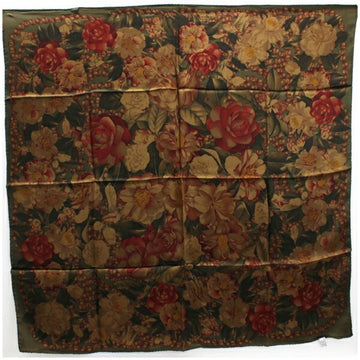 CHANEL silk scarf muffler camellia pattern khaki  ladies