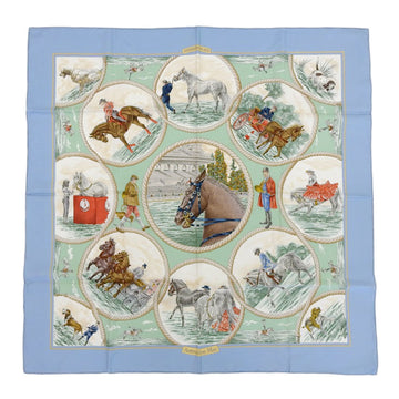 HERMES Carre 90 scarf EQUIPAGES horse pattern silk light blue / yellow green ladies