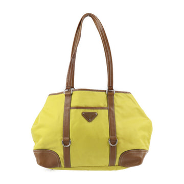 PRADA tote bag nylon leather yellow brown silver metal fittings handbag