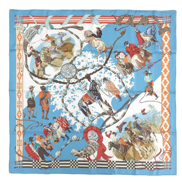 HERMES CARE 90 DANS LES BRANCHES DE L'OMBU Under the Ombu Tree Cowboy Scarf Muffler Silk Blue