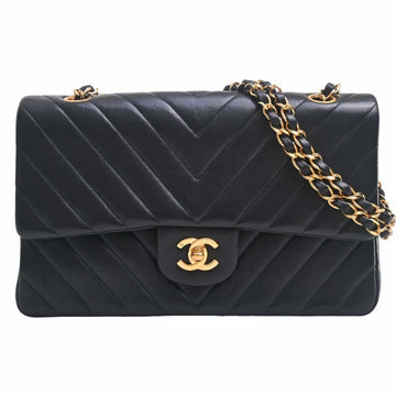 CHANEL Lambskin V Stitch Coco Mark W Flap Chain Shoulder Bag Black Ladies