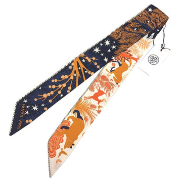 HERMES Twilly Pocket Sous le Charme d'Orphee Scarf Muffler Invited by the Charm of Orpheus 2022 Black/Orange/Cream 100% Silk