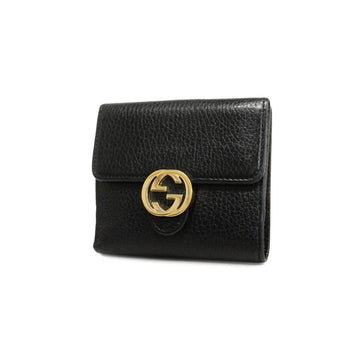 GUCCI Trifold Wallet Interlocking G 615525 1147 Leather Black Gold Hardware Women's