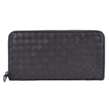 Bottega Veneta BOTTEGAVENETA Round Zipper Long Wallet Intrecciato Leather Black x Brown Unisex