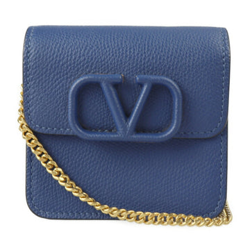 VALENTINO GARAVANI Garavani V-Sling Compact Chain Wallet Shoulder Bag UW2P0S96RQR Grain Calf Leather Blue Gold Hardware Crossbody Pochette