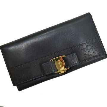 Salvatore Ferragamo Long Wallet Vala Ribbon Black Gold Leather Bi-Fold Ladies