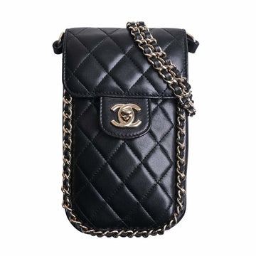 CHANEL Lambskin Matelasse Coco Mark Turnlock Chain Shoulder Bag Phone Case Black Ladies