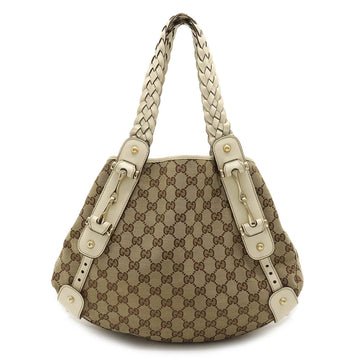 GUCCI GG Canvas Horsebit Shoulder Bag Leather Khaki Beige Ivory White 162900