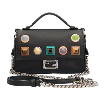 Fendi Micro Double Bucket Multi Studs Shoulder Bag Leather Black Women's