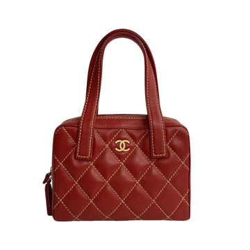 CHANEL Wild Stitch Matelasse Leather Handbag Tote Bag Red 28596