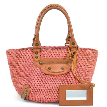 BALENCIAGA Handbag Basket Bag Raffia/Leather Pink x Brown Women's r9567a