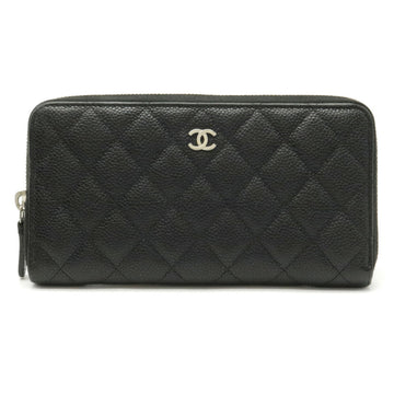 Chanel matelasse here mark round long wallet caviar skin leather black A50097