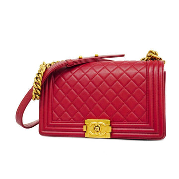 CHANEL Shoulder Bag Boy Chain Lambskin Red Gold Hardware Women's