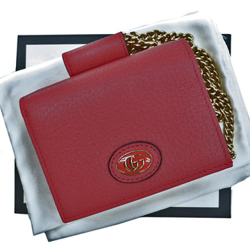 GUCCI Wallet Double G Red Gold Leather Bi-Fold Chain Ladies 617195