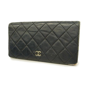 CHANEL Long Wallet Matelasse Lambskin Black Silver Hardware Women's