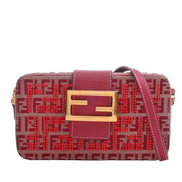 FENDI Zucchino Canvas Rhinestone Shoulder Bag Red Ladies