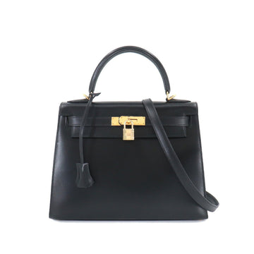 Hermes Kelly 28 2way hand shoulder bag box calf leather black G stamp outside sewing gold metal fittings