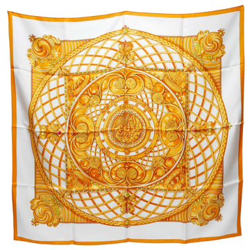 HERMES Monnaies et Symboles Paris Coin and Symbol Carre 90 Large Scarf Shawl Stole Women's Silk 100% White Orange 88 x cm