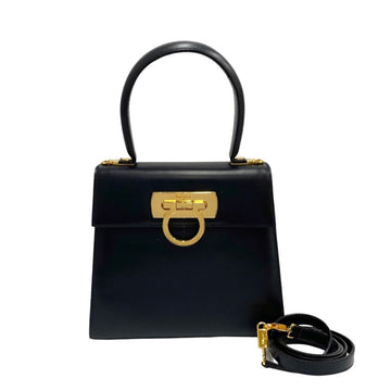 SALVATORE FERRAGAMO Gancini Hardware Calf Leather 2way Handbag Shoulder Bag Navy