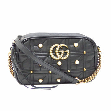 Gucci Chain Shoulder Bag GG Marmont Women's Black Leather 447632 Quilted Fake Pearl