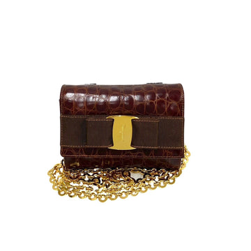 SALVATORE FERRAGAMO Vara Ribbon Hardware Leather Genuine Chain Mini Shoulder Bag Brown