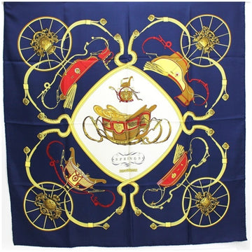 HERMES Carre 90 Springs Silk Scarf Muffler Stole Navy x White Multicolor Carriage Pattern  | Ladies