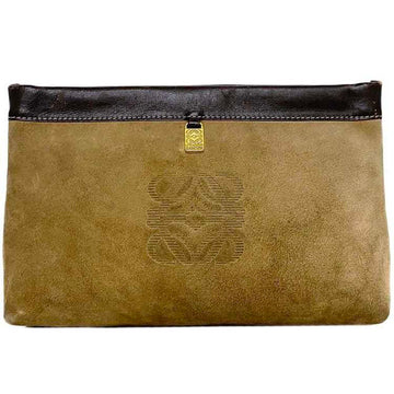 LOEWE Clutch Bag Beige Brown Anagram Pouch Suede Leather Ladies Compact