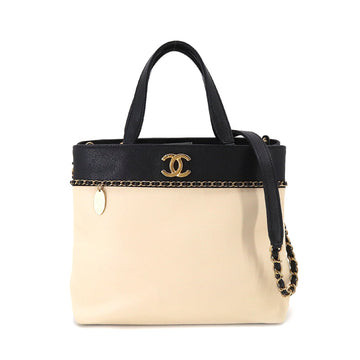 CHANEL 2way hand chain shoulder bag caviar skin leather beige black Hand Shoulder Bag