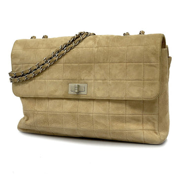 CHANEL Shoulder Bag Chocolate Bar W Chain Suede Beige Silver Hardware Ladies