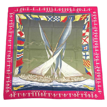 HERMES Carre 90 Scarf Muffler EN COURSE Yacht Pattern Pink x Multicolor Silk 100%