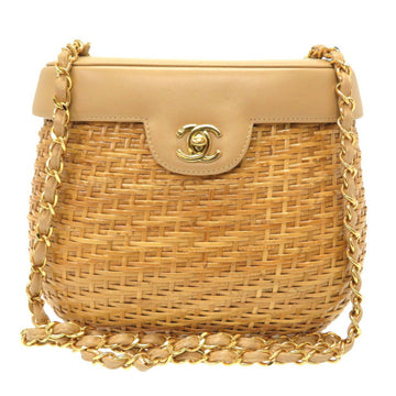 Chanel basket bag straw leather beige 5th series Coco mark turn lock shoulder brown 0011 CHANEL