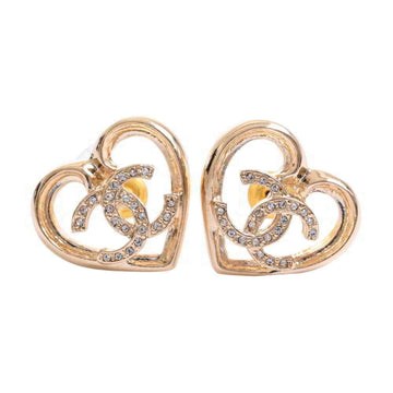 Chanel here mark rhinestone heart earrings gold metal