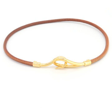 HERMES choker jumbo brown leather necklace pendant bracelet double ladies