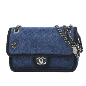 CHANEL Paris Salzburg W Chain Shoulder Bag Wool Blue Navy A92928