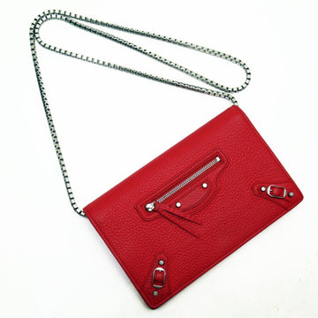 Balenciaga Shoulder Wallet Chain Classic Envelope Red Silver Leather