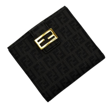 Fendi W Hook Bi-Fold Wallet Zucca Dark Brown Black Gold PVC Leather