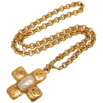 Chanel Fake Pearl Gold Cross Coco Mark Necklace 0766CHANEL