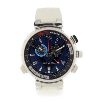 LOUIS VUITTON Tambour Regatta Watch Q102D Stainless Steel Rubber Silver White Navy Dial Quartz Chronograph Biton