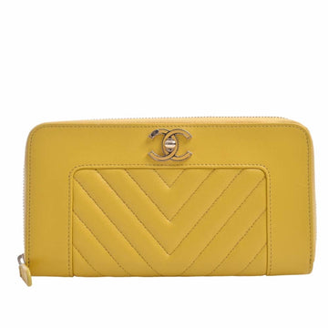 CHANEL Leather Coco Mark Round Zipper Long Wallet Yellow Ladies