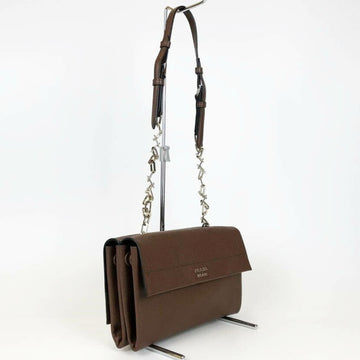 PRADA Saffiano Shoulder Bag Chain Cuir Cowhide Leather Brown Ladies Fashion BT0992