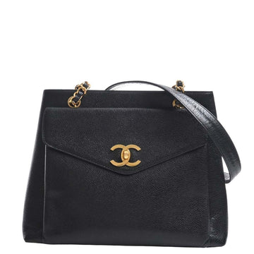 CHANEL Caviar Skin Coco Mark Chain Tote Bag Black Ladies