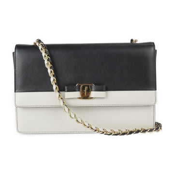 SALVATORE FERRAGAMO Vara shoulder bag 21 F584 calf leather black white gold hardware chain ribbon bicolor