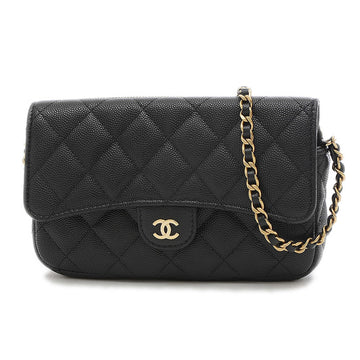 CHANEL Matelasse Chain Wallet Smartphone Shoulder Caviar Black Gold AP2096